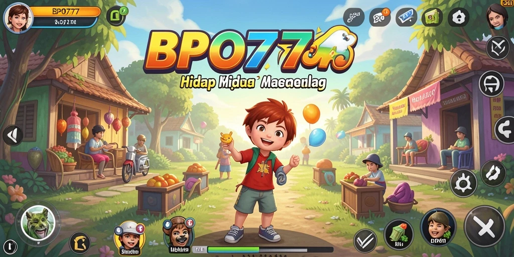 Tampilan utama gameplay BPO777 dengan karakter yang berinteraksi di lingkungan virtual.