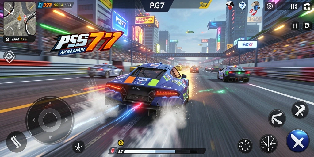 Tampilan gameplay balapan menegangkan di PSG77 dengan berbagai mobil dan trek.
