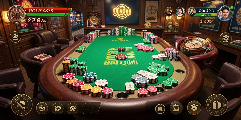 Tampilan gameplay seru dari ROLEX878 dengan pemain bertanding di meja QiuQiu.