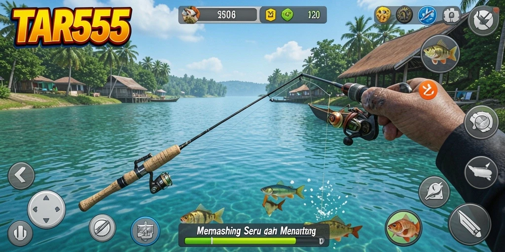 Tampilan gameplay TAR555 menunjukkan keseruan menangkap ikan di berbagai lokasi.